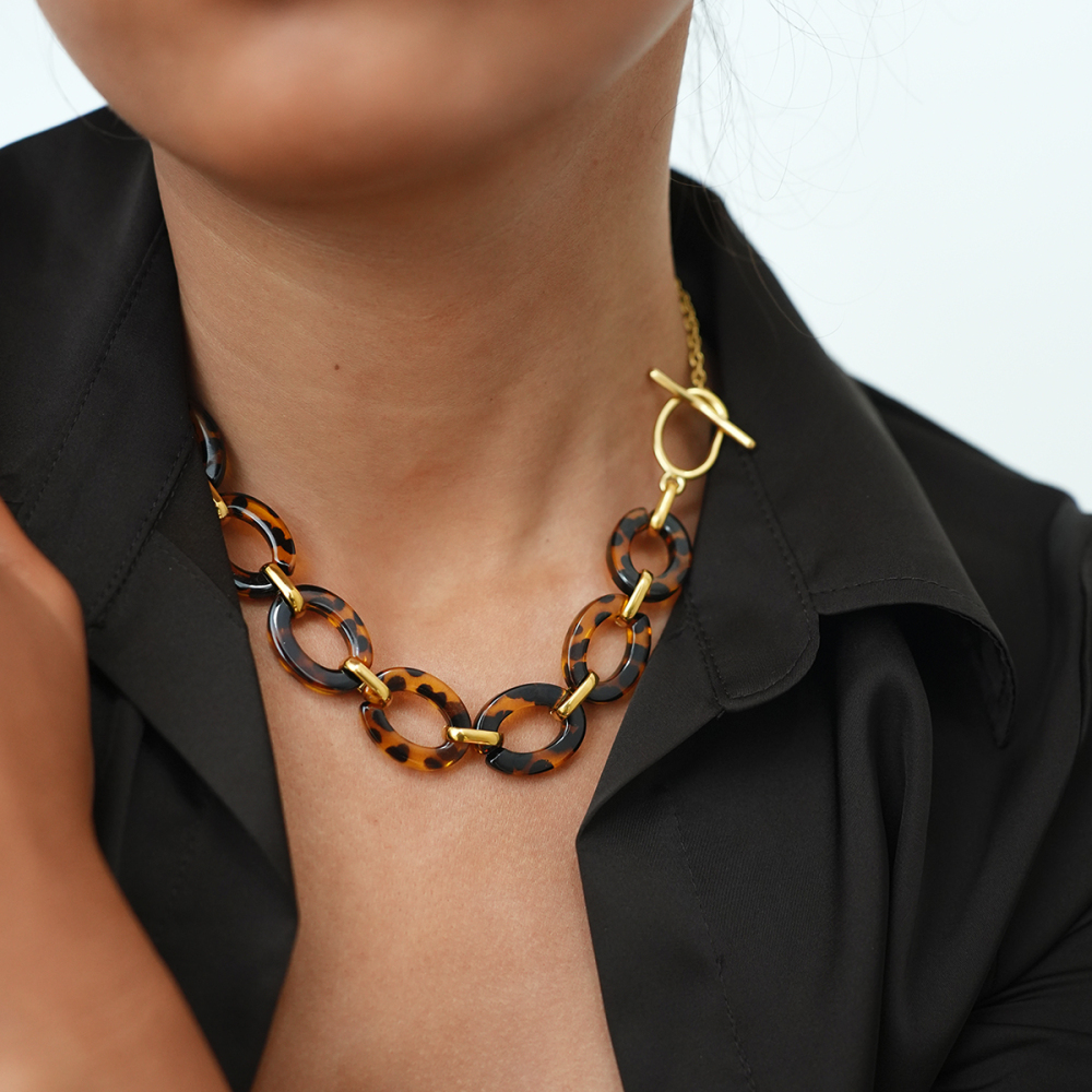 Collier Femme Rétro Imprimé Léopard En Acier Doré (1 Pièce) Image6