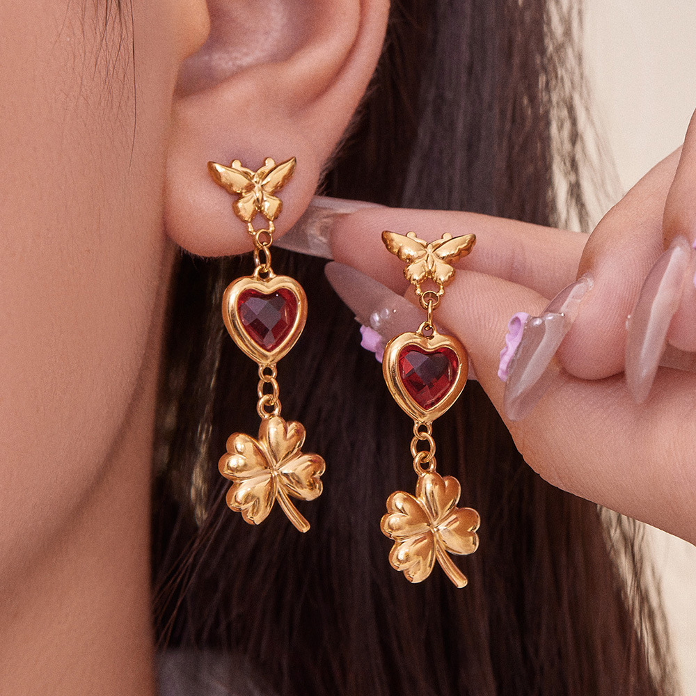 Boucles D'Oreilles Pendantes Élégantes Pour Femme, En Verre, En Forme De Cœur Et De Trèfle, En Acier Inoxydable Étanche, Couleur Or (1 Paire). Image4