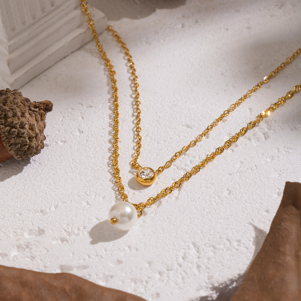 Collier Élégant À Plusieurs Rangs En Acier Inoxydable Doré, Imperméable, Avec Zircon Et Perle. Image3
