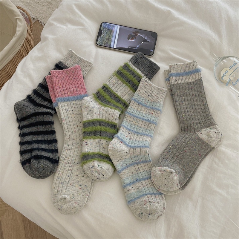 1 Paire De Chaussettes Mi-Mollet En Coton À Rayures Bleu Clair, Douces Et Élégantes Image2