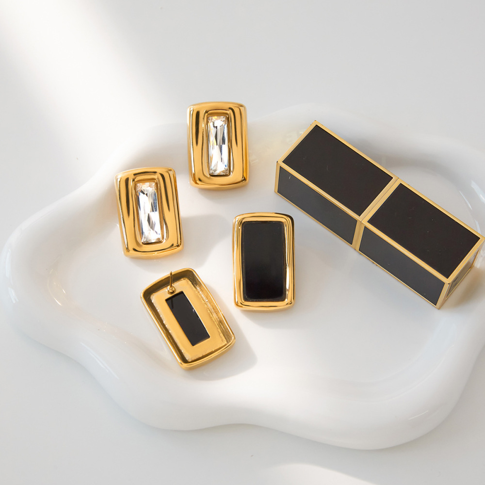 1 Paire De Magnifiques Boucles D'Oreilles Puces Rectangulaires En Acier Inoxydable Étanche Couleur Or Avec Zircon Pour Femme Image4