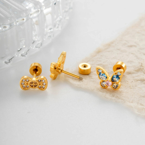 Boucles D'Oreilles Piercing Femme, Nœud Papillon, Couleur Cuivre Doré, Zircon (1 Pièce) h5 Image3