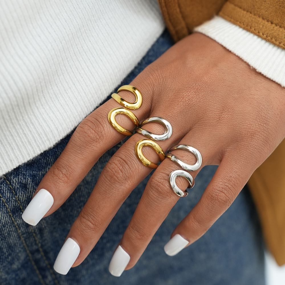 Bague Tendance Minimaliste Géométrique En Acier Inoxydable Doré, Étanche, Pour Femme (1 Pièce) Image4