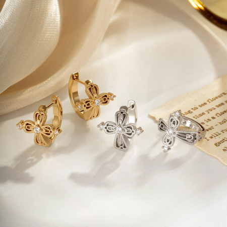 Boucles d'oreilles créoles glamour en cuivre et zircon avec croix (1 pièce) 2