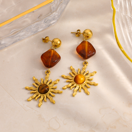 Boucles d'oreilles pendantes pour femme, collection ethnique Daily Sun, en acier inoxydable étanche (1 paire).