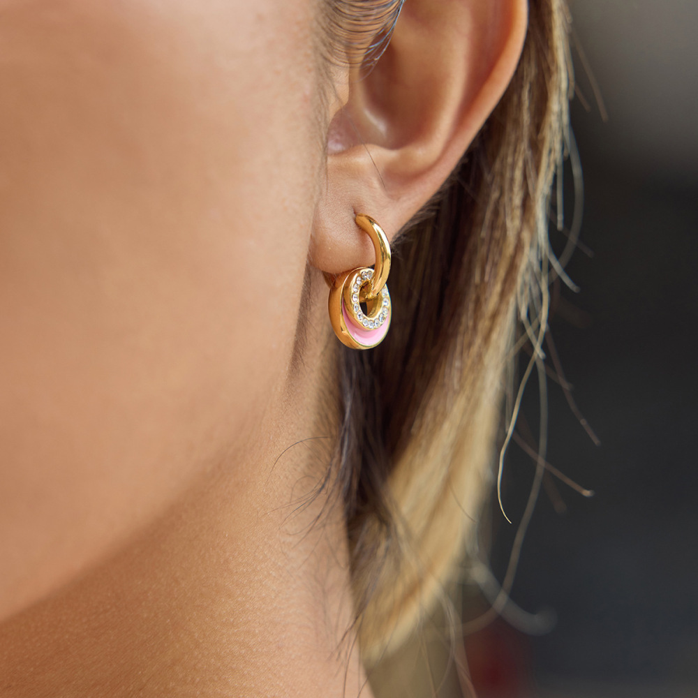 Boucles D'Oreilles Pendantes Pour Femme, Double Cercle Éclatant, En Acier Inoxydable Étanche, Couleur Or (1 Paire) Image6
