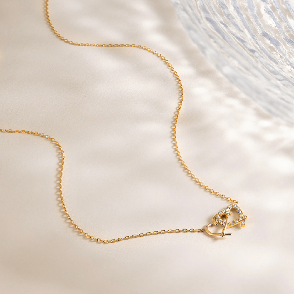 Collier Pendentif Romantique Double Cœur En Acier Inoxydable Étanche Couleur Or Avec Zircon Pour Femme (1 Pièce) Image6