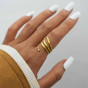 Bague Femme Rétro De Forme Irrégulière En Acier Inoxydable Étanche Couleur Or (1 Pièce) h5 Image5