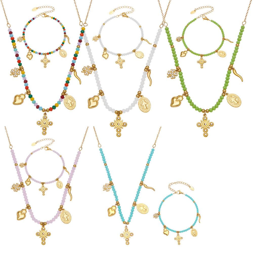 Collier De Perles Pour Femme, Orné D'Une Croix Charmante En Pierre Naturelle Et D'Acier Titane Couleur Or (1 Pièce) h5Image6