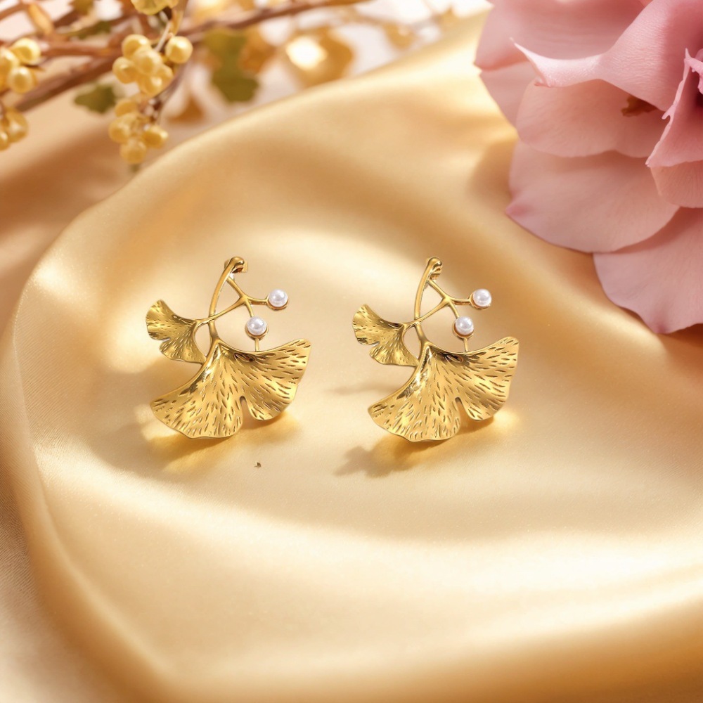 1 Paire De Boucles D'Oreilles À Clous En Acier Inoxydable Doré, Imperméables, Style Rétro Feuille, Avec Perles Image3