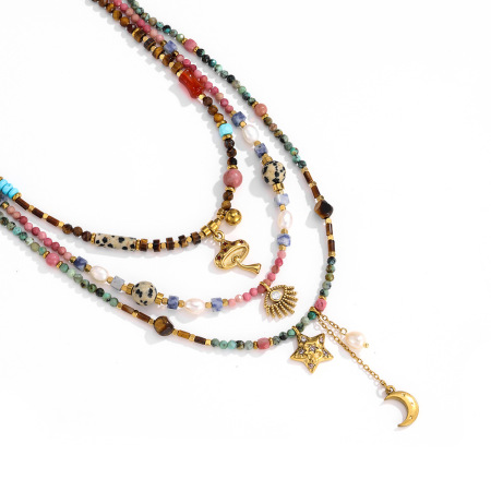 Collier de perles rétro en acier titane couleur or avec pierre naturelle (1 pièce) 2