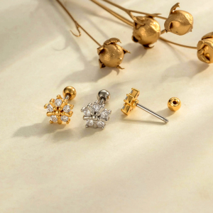 Boucles D'Oreilles Piercing Femme, 1 Pièce, Motif Floral Complexe En Forme De Croix, Couleur Cuivre Doré, Zircon. h5 Image4