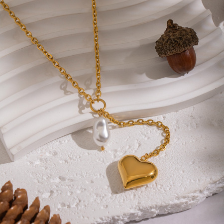 Collier pendentif en forme de cœur, en acier inoxydable étanche, couleur or, avec perle. 2