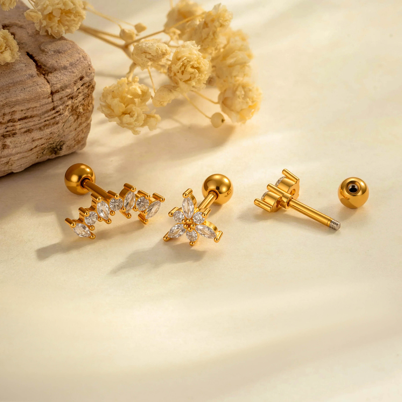 Boucles D'Oreilles Piercing Femme, 1 Pièce, En Cuivre Doré Raffiné Et Zircon, De Forme Irrégulière. h5Image4