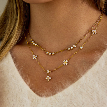 Collier pendentif femme en acier inoxydable doré, orné d'un zircon et d'une fleur scintillante (1 pièce) 2