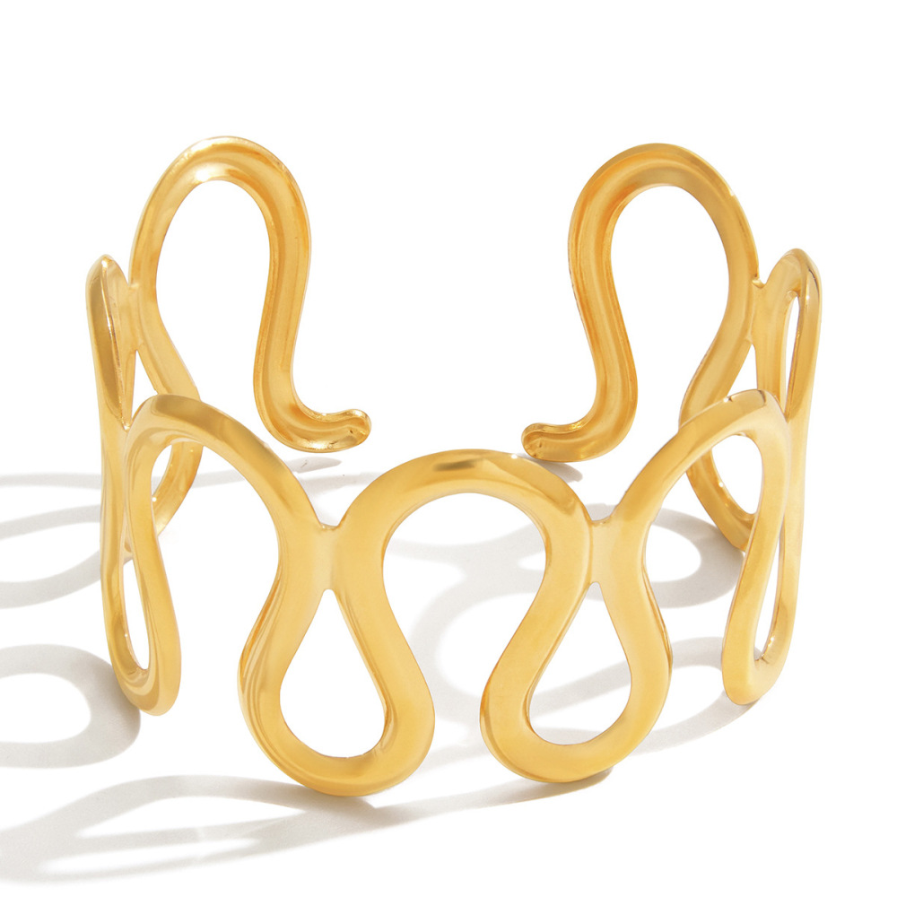 Bracelet Manchette Classique À Lignes Ondulées Pour Femme, En Acier Inoxydable Étanche, Couleur Or (1 Pièce).