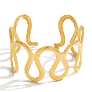 Bracelet Manchette Classique À Lignes Ondulées Pour Femme, En Acier Inoxydable Étanche, Couleur Or (1 Pièce). h5