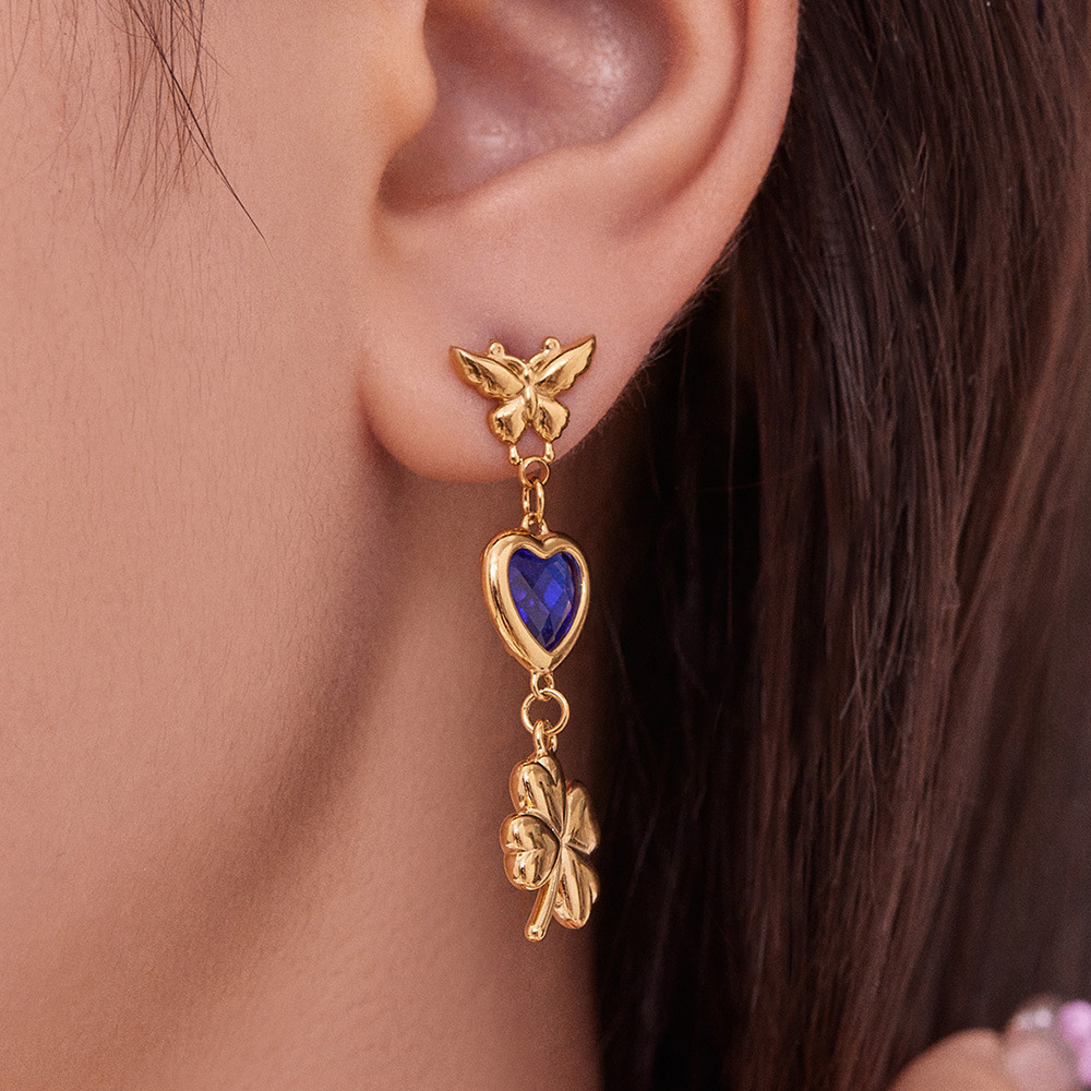 Boucles D'Oreilles Pendantes Élégantes Pour Femme, En Verre, En Forme De Cœur Et De Trèfle, En Acier Inoxydable Étanche, Couleur Or (1 Paire). Image3