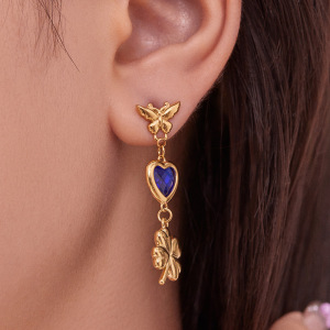 Boucles D'Oreilles Pendantes Élégantes Pour Femme, En Verre, En Forme De Cœur Et De Trèfle, En Acier Inoxydable Étanche, Couleur Or (1 Paire). h5 Image3
