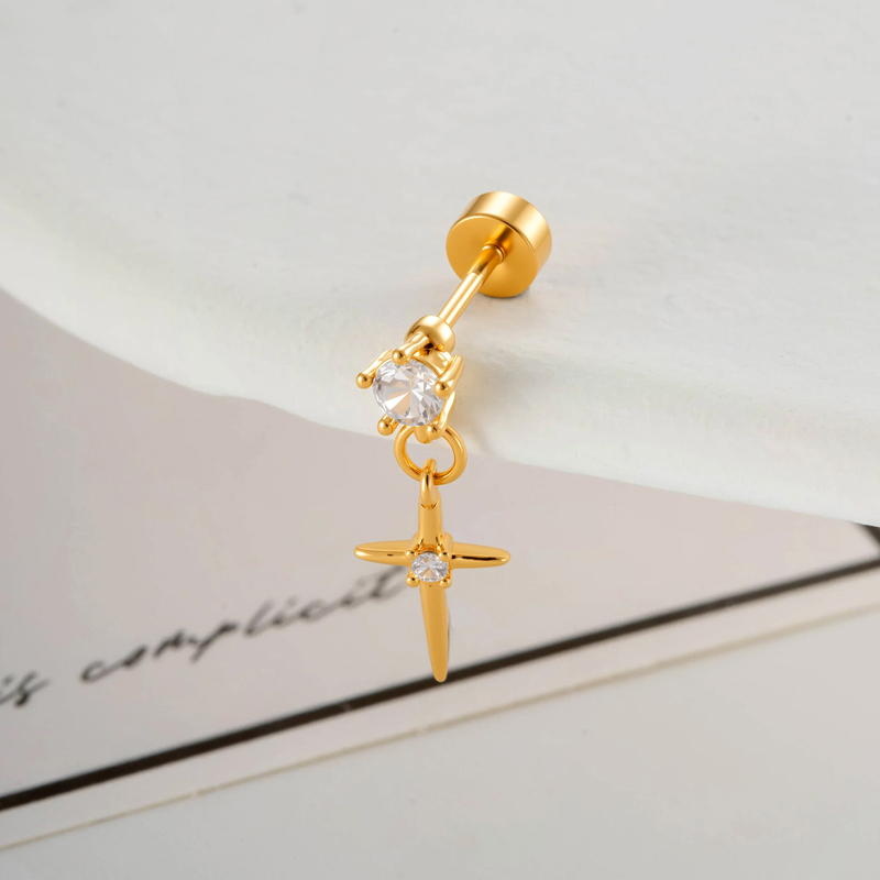 Boucles D'Oreilles Piercing Femme En Cuivre Et Zircon, Motif Ailes En Croix (1 Pièce)