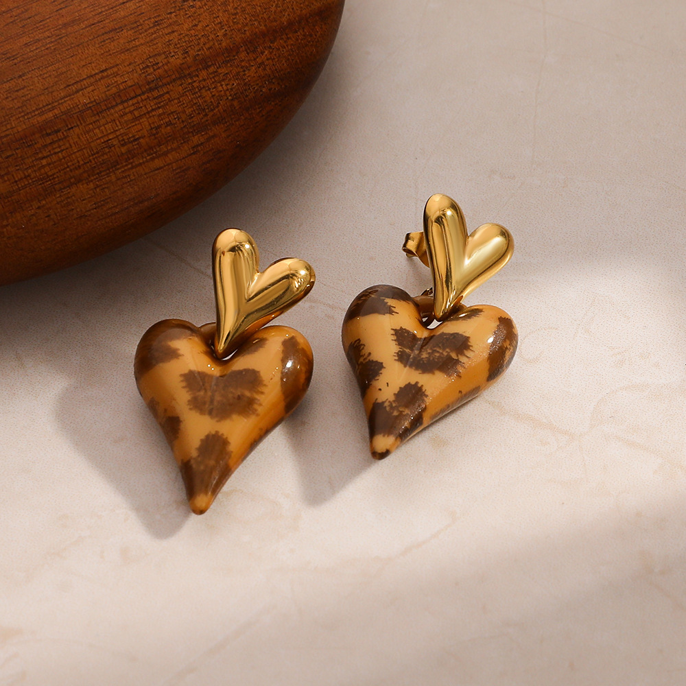 1 Paire De Boucles D'Oreilles Ethniques Quotidiennes À Motif Léopard Et Cœur, En Acier Inoxydable Étanche Pour Femme Image4