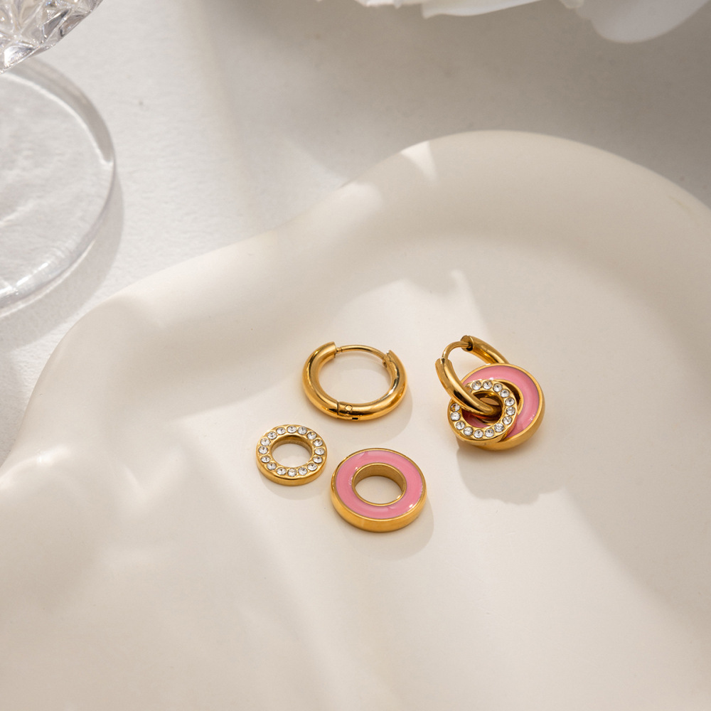 Boucles D'Oreilles Pendantes Pour Femme, Double Cercle Éclatant, En Acier Inoxydable Étanche, Couleur Or (1 Paire) Image4