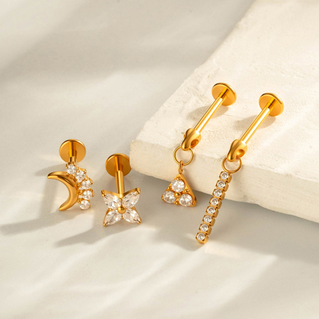 Boucles d'oreilles piercing femme, 1 pièce, en alliage de titane doré avec zircon, motif étoile, triangle et lune