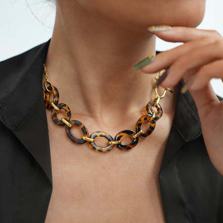 Collier femme rétro imprimé léopard en acier doré (1 pièce)