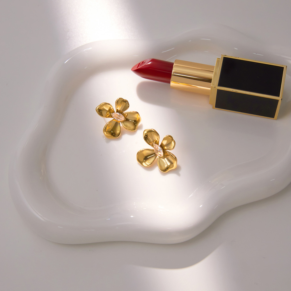 1 Paire De Boucles D'Oreilles Puces Pour Femme, En Acier Inoxydable Doré, Imperméables, Ornées De Zircon Et De Fleurs Éblouissantes. h5Image5