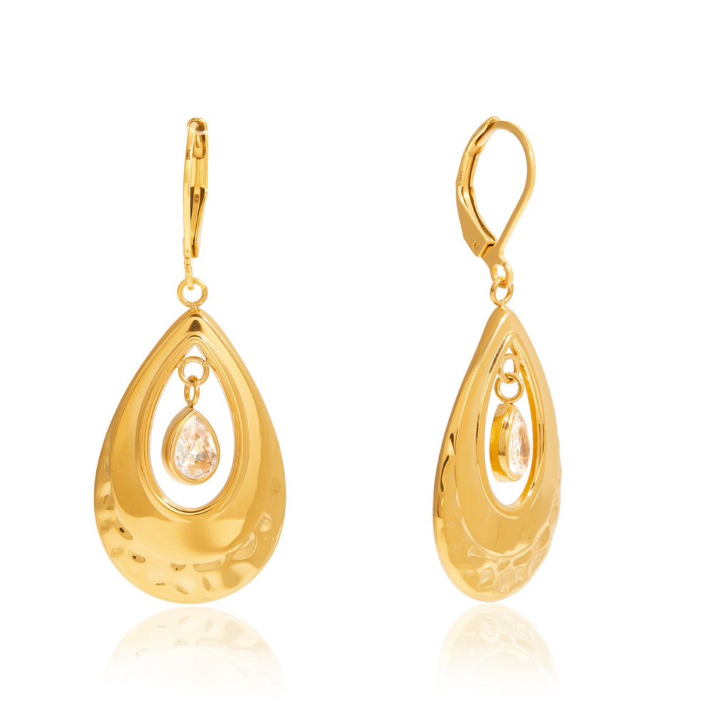 Boucles D'Oreilles Pendantes Pour Femme, En Acier Inoxydable Doré, Étanches, Ornées De Zircon, Avec Un Lustrage En Forme De Goutte. 1 Paire 