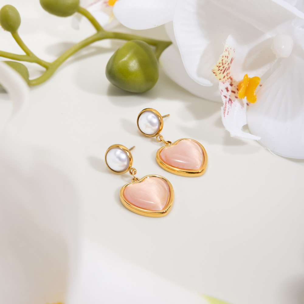 Boucles D'Oreilles Pendantes Pour Femme, En Acier Inoxydable Doré, En Forme De Cœur Rose Tendre (1 Paire). Image4
