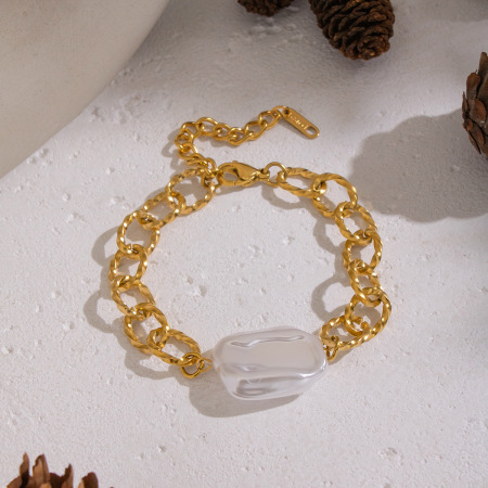 Bracelet en acier inoxydable imperméable, couleur or, avec une chaîne et des perles artificielles.