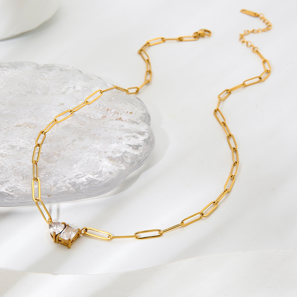 Collier Chaîne Goutte D'Eau Rectangulaire En Acier Inoxydable Étanche Couleur Or Avec Zircon Pour Femme Image2