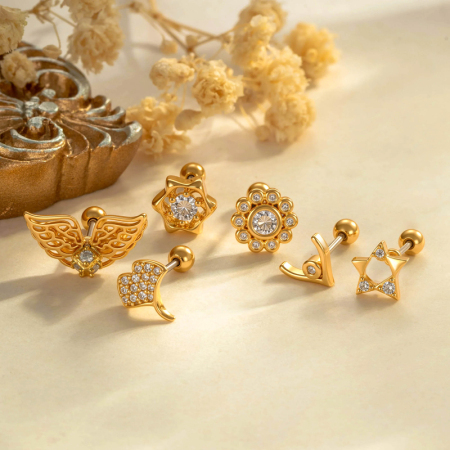 Boucles d'oreilles piercing femme, 1 pièce, motif ailes de feuilles polies, couleur cuivre doré, zircon.
