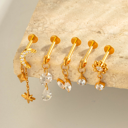 Boucles d'oreilles pendantes délicates en alliage de titane doré avec zircon, en forme de fleur et de lune (1 pièce).