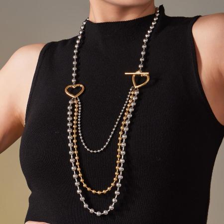 Collier long classique pour femme, composé de plusieurs rangs, en acier inoxydable imperméable, couleur or et argent (1 pièce)