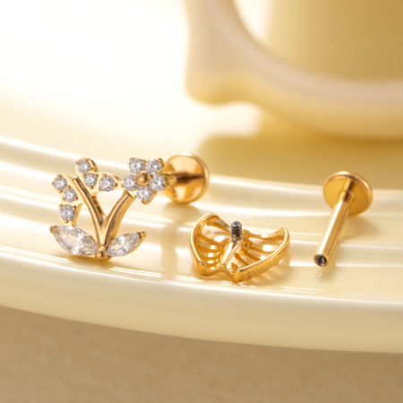 Boucles d'oreilles piercing femme en alliage de titane, couleur or, zircon (1 pièce). 2
