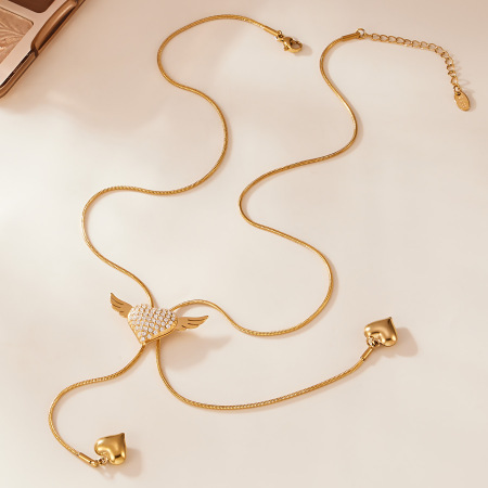 Collier long pour femme, orné d'un cœur romantique et de balançoires, en acier inoxydable étanche couleur or et zircon. 2
