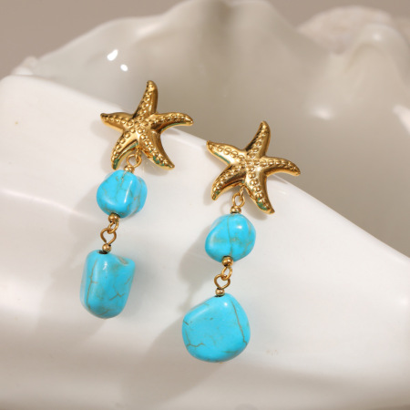 Boucles d'oreilles pendantes pour femme, motif tortue et étoile de mer, en acier inoxydable étanche, motif romantique de vacances (1 paire). 2