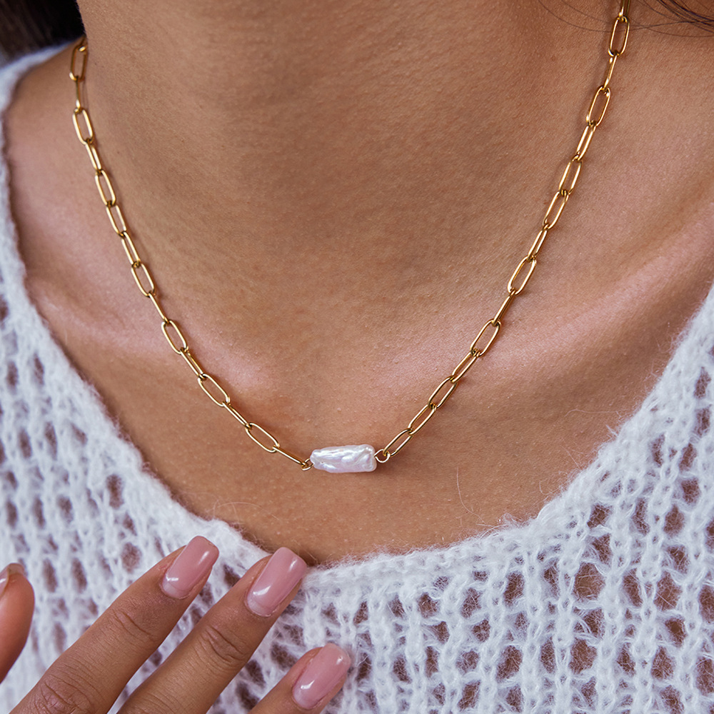 Collier Élégant Pour Femme, En Acier Inoxydable, Couleur Or, Avec Perle Et Étanchéité (1 Pièce) Image3