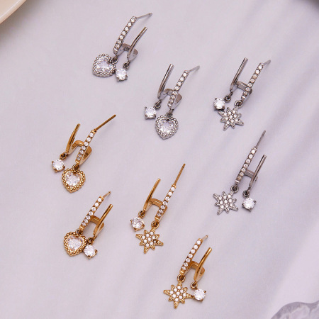 Boucles d'oreilles pendantes pour femme, en acier inoxydable doré, imperméables, ornées de zircon, motif étoile brillante (1 paire). 2