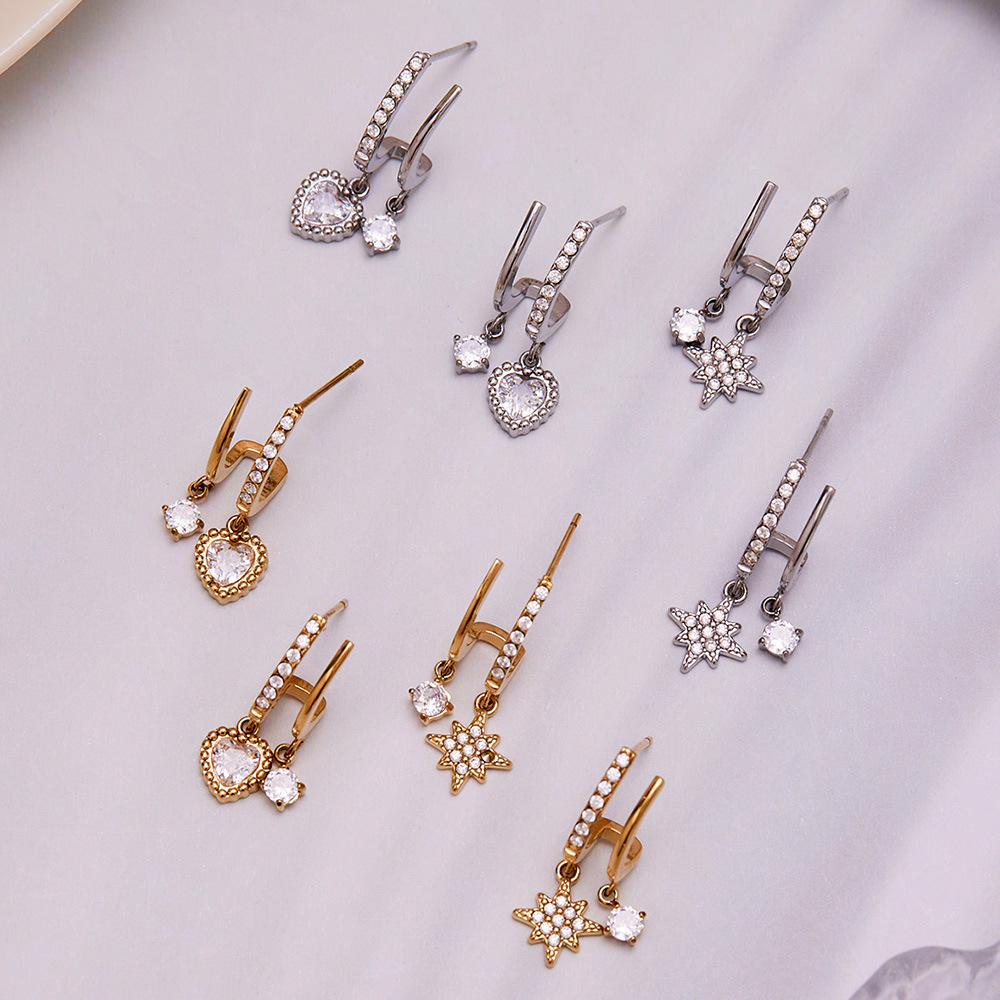 Boucles D'Oreilles Pendantes Pour Femme, En Acier Inoxydable Doré, Imperméables, Ornées De Zircon, Motif Étoile Brillante (1 Paire). Image3