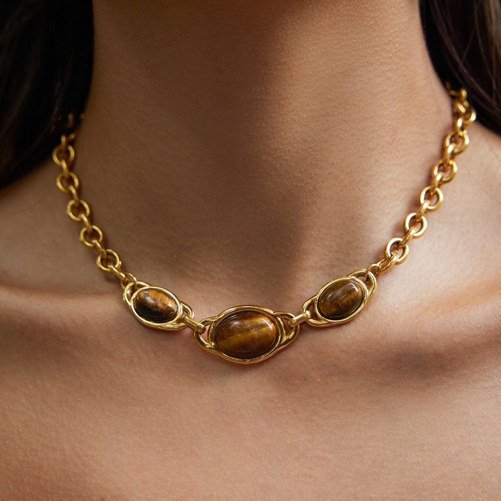 Collier Pendentif Ovale Vintage En Pierre Naturelle, Acier Inoxydable Étanche, Couleur Or, Pour Femme (1 Pièce) Image3