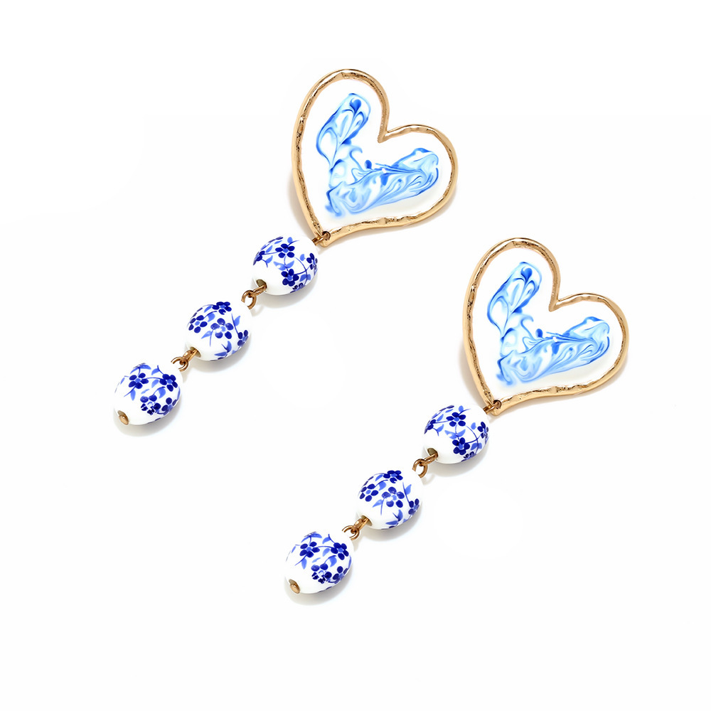 1 Paire De Boucles D'Oreilles Pendantes Élégantes En Céramique En Forme De Cœur Et De Fleur Image2