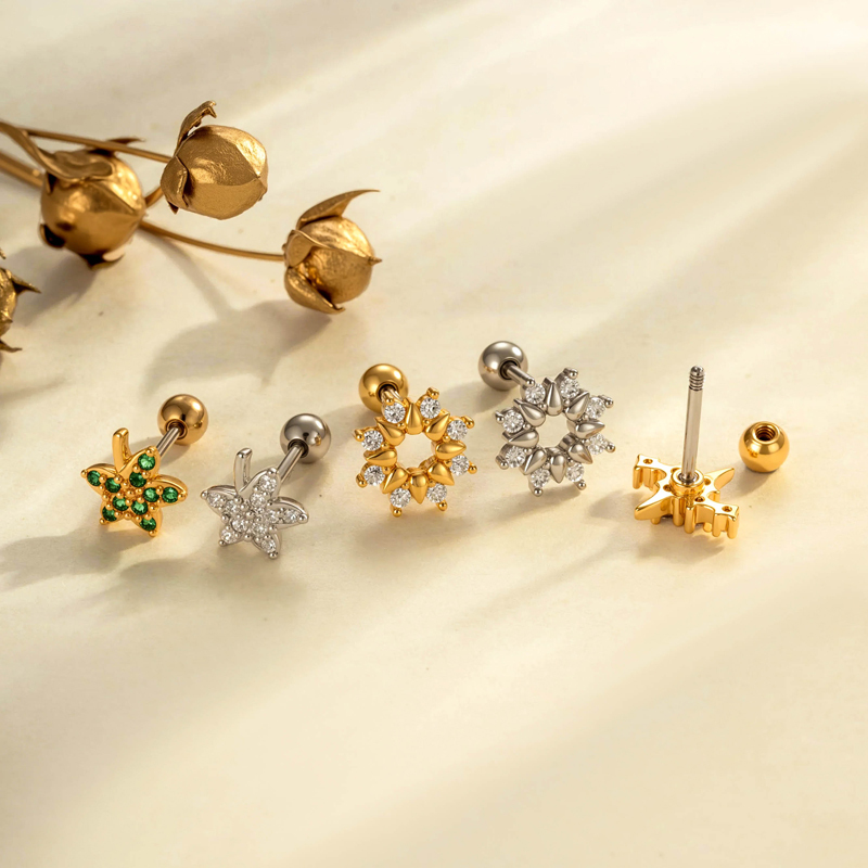 Boucles D'Oreilles Piercing Femme, Motif Feuille Simple, Couleur Cuivre Doré Et Zircon. h5Image3
