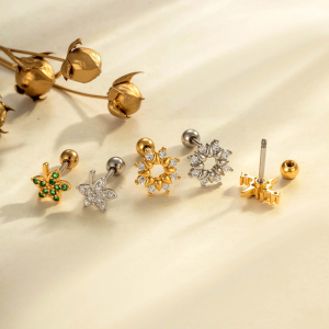 Boucles D'Oreilles Piercing Femme, Motif Feuille Simple, Couleur Cuivre Doré Et Zircon. h5 Image3