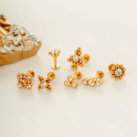 Boucles d'oreilles piercing minimalistes rondes en acier inoxydable, étanches, couleur or, avec zircon.