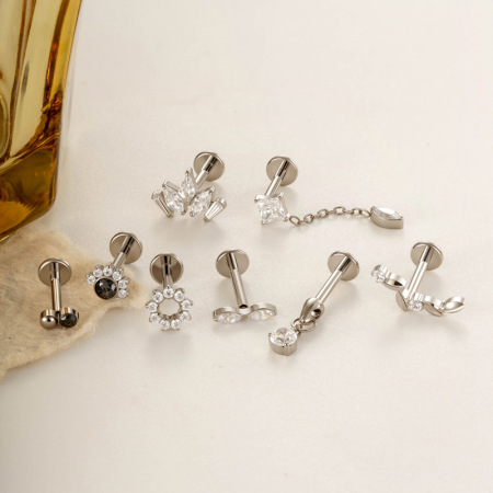 Boucles d'oreilles piercing femme géométriques quotidiennes en alliage de titane doré avec zircon (1 pièce) 2