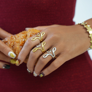 Bague Femme Tendance, 1 Pièce, Lignes Simples Et Irrégulières, En Acier Inoxydable Étanche Couleur Or h5 Image3