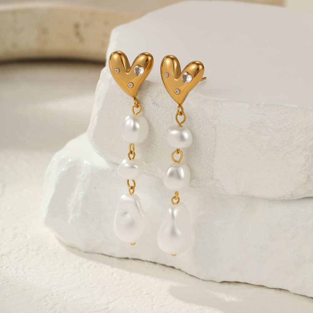 Boucles D'Oreilles À Perles Et Pompons Romantiques Pour Femme, En Acier Inoxydable Imperméable, Couleur Or (1 Paire). Image3